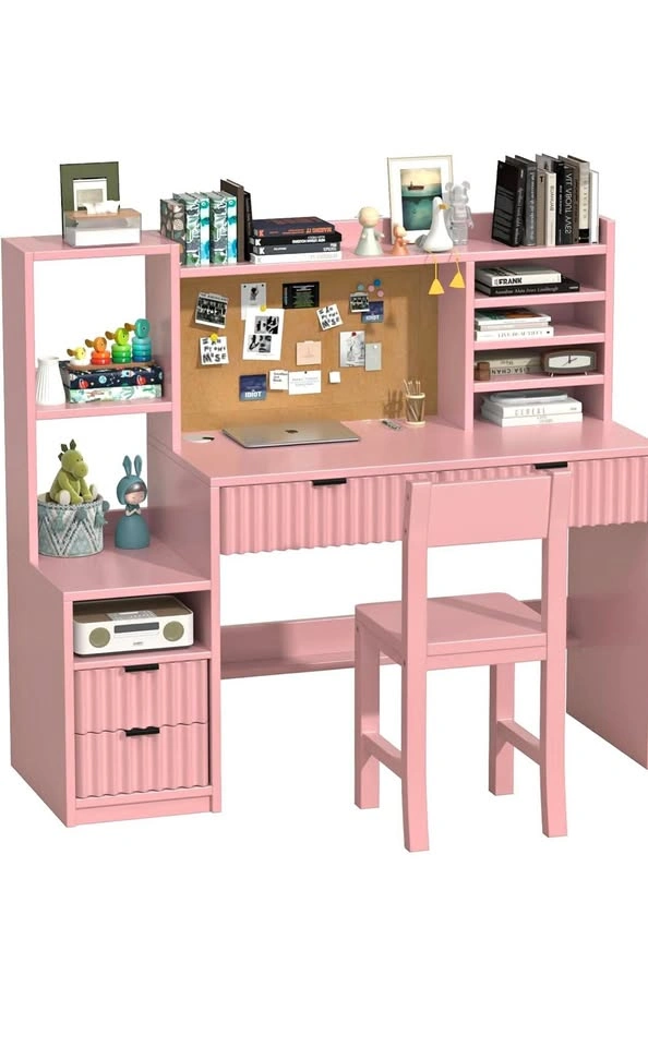 Pink Wooden Kids Fluted Desk and Chair Set