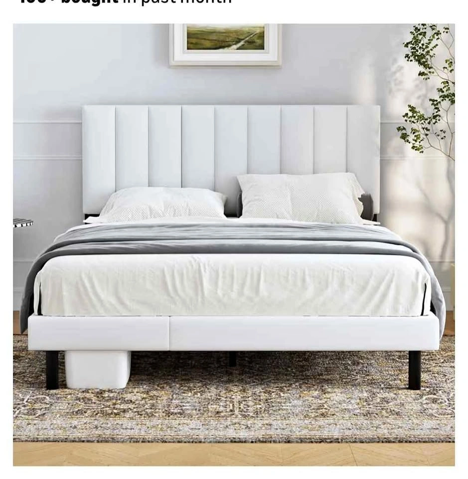 White Upholstered Queen Bed Frame & Mattress