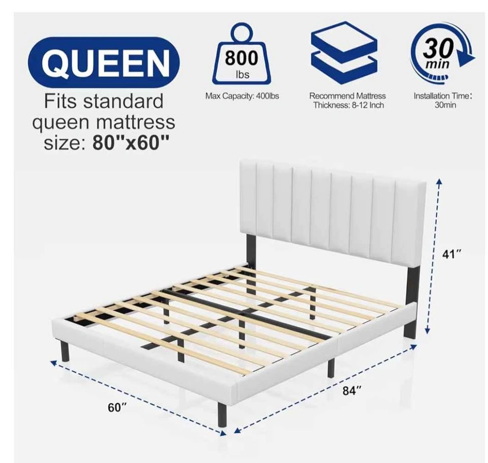 White Upholstered Queen Bed Frame & Mattress - photo 2