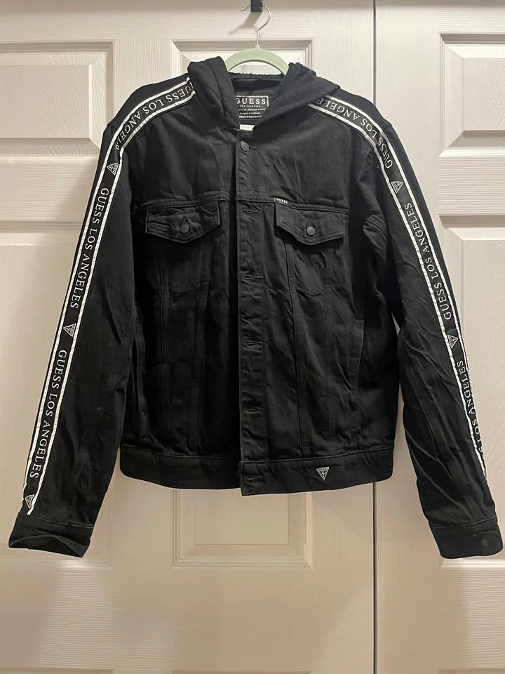 Men's Guess Black Denim Jersey Hooded Jacket, US L