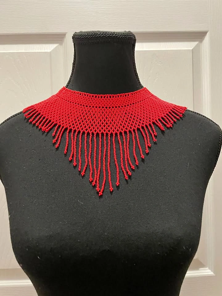Red Fringe Choker Beaded Necklace