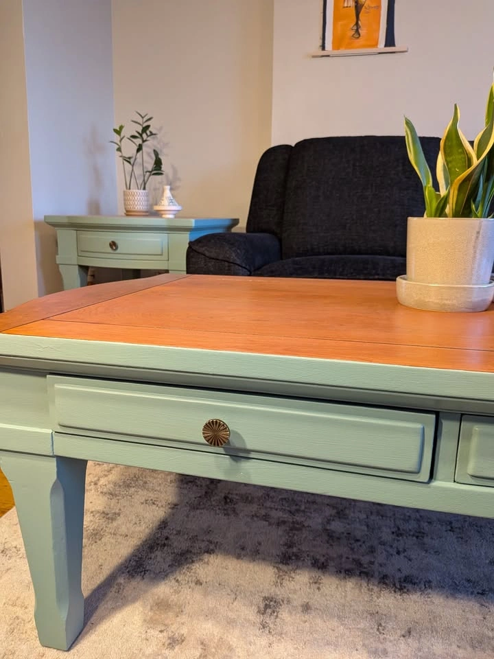 Broyhill Coffee Table + 3 End Tables — Hand Restored | Sage Gree - photo 3