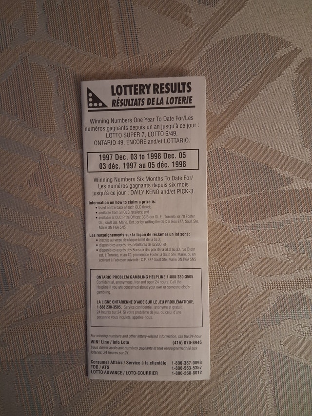 Vintage 1997-1998 Ontario Lottery Results OLG Collectible