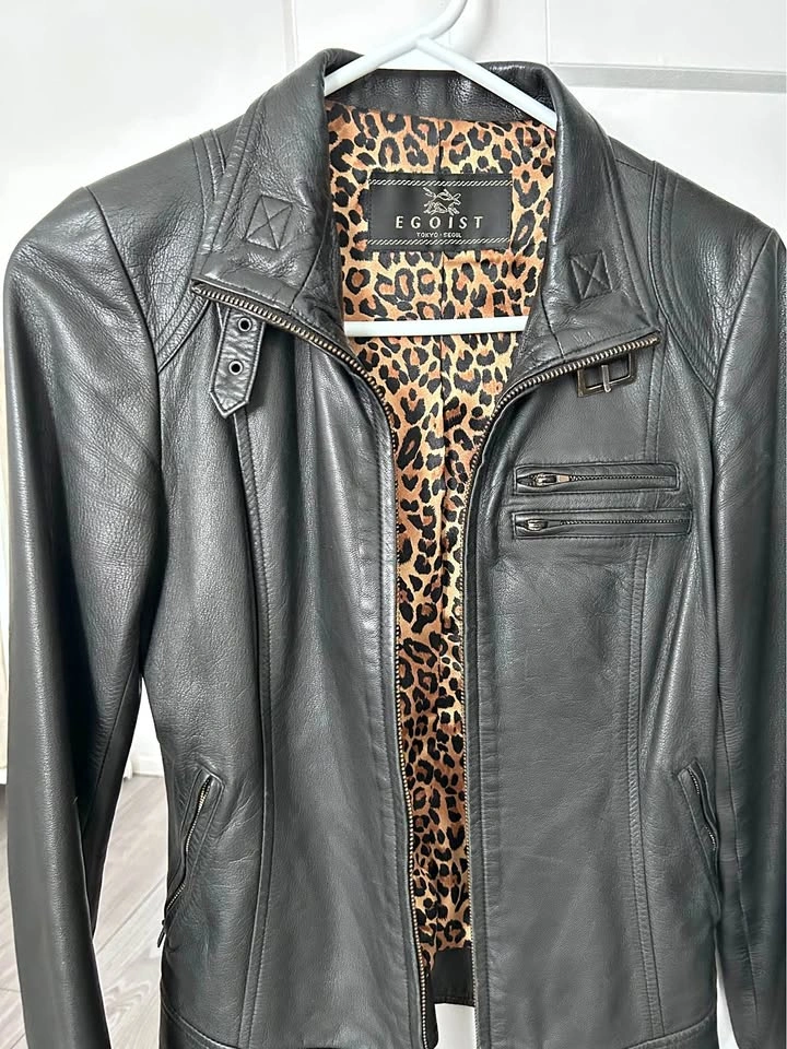 Egoist Genuine Lamb Leather Moto Jacket Leopard Lining Small