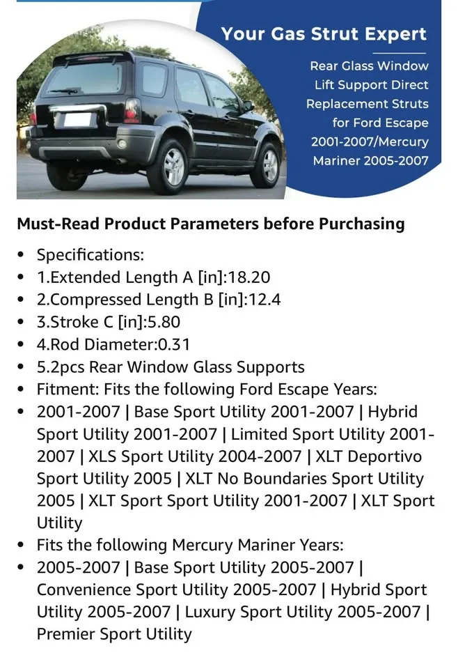 ARANA Rear Window Lift Supports Ford Escape Mariner image indicator(6)