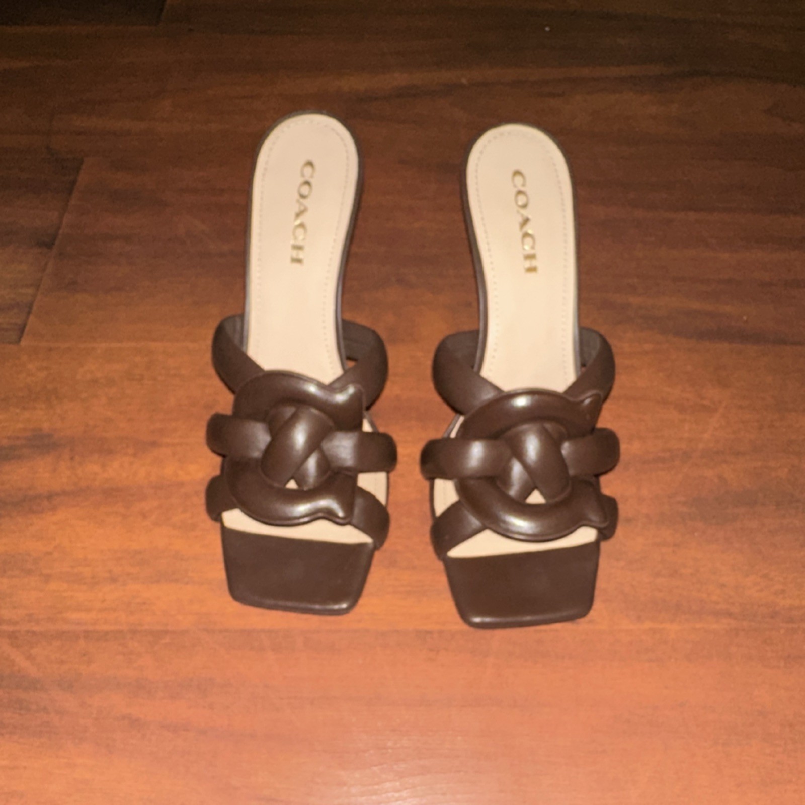 Coach Leather Strappy Knot Block Heel Sandal Brown Women's Size