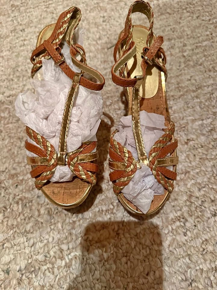 Leather Brown and Gold Wedge Sandals