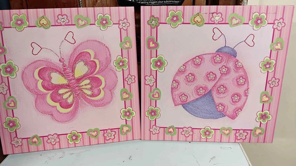 Pink Butterfly and Ladybug Canvas Wall Art Set