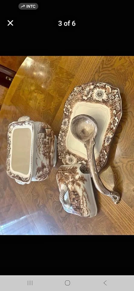 Vintage Brown Transferware Serving Set - Tureen Platter Ladle