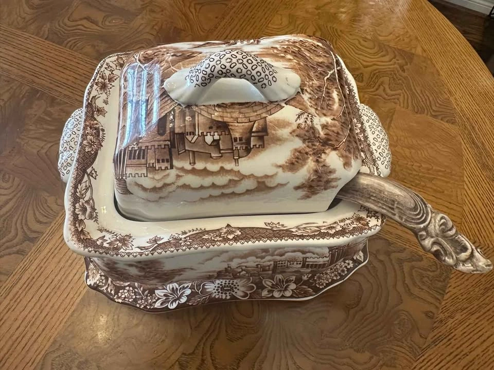 Vintage Brown Transferware Serving Set - Tureen Platter Ladle - photo 5