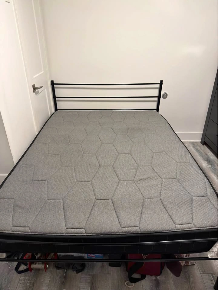 Black Bed Frame, Full Mattress & 2 Nightstands w/ Power Outlets