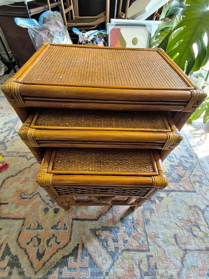 Bamboo Rattan Nesting Tables Set