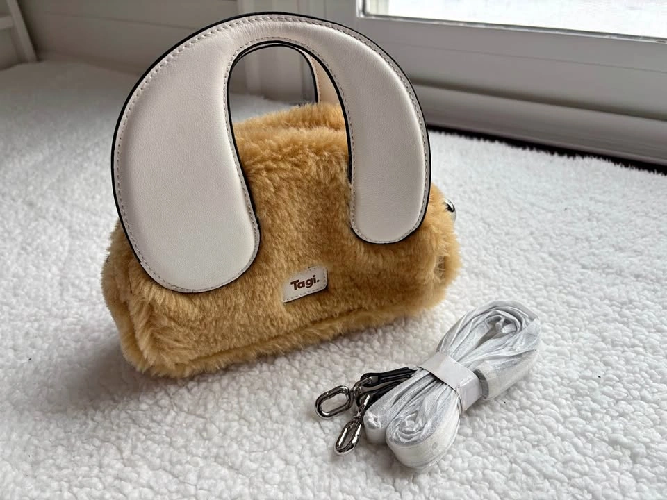 Tagi Designer 'Call Me' Fuzzy Faux Fur Tan and White Handbag