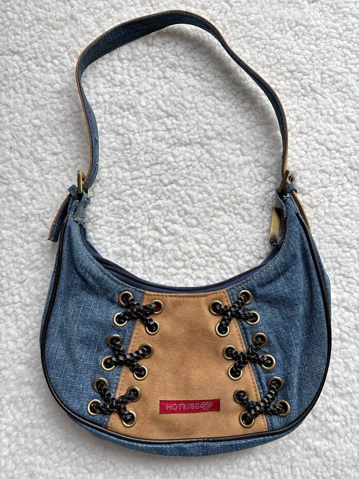 Hot Kiss Vintage Y2K Denim and Camel with Lace Shoulder Bag
