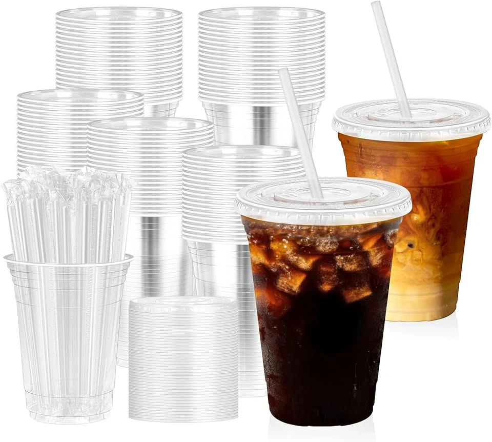 16 oz 100 Pack Clear Plastic Cups with Lids & Straws