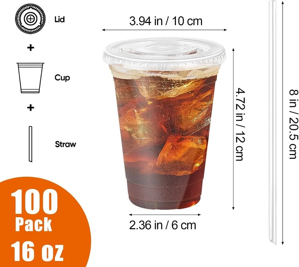 16 oz 100 Pack Clear Plastic Cups with Lids & Straws - photo 3