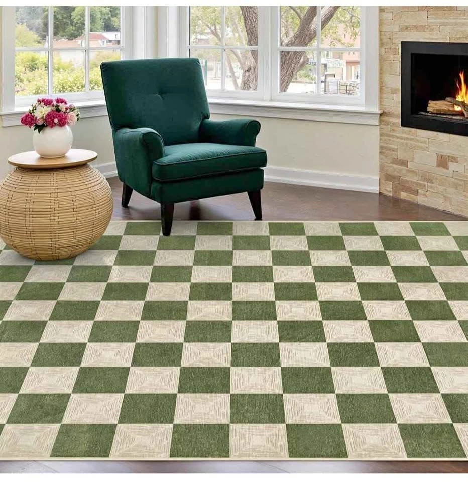 Washable Green Checkered Rug 5x8