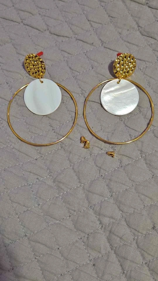 Gold Hoop Earrings with White Shell Accents
