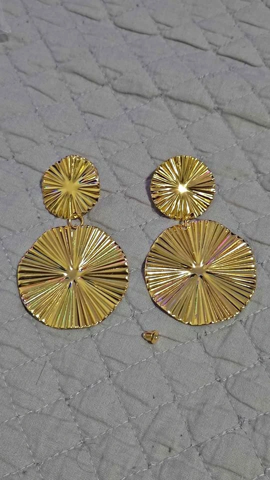Gold Textured Double Disc Drop Earrings
