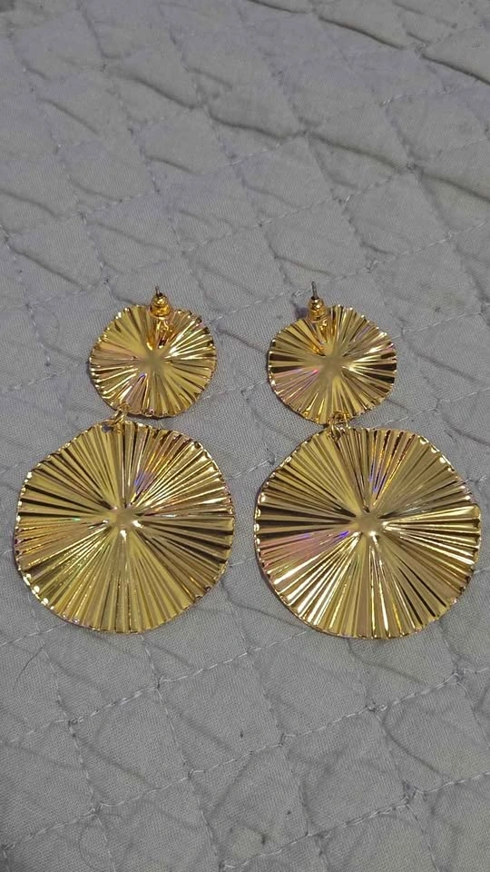 Gold Textured Double Disc Drop Earrings - photo 2