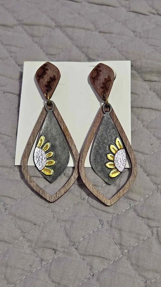 Wood and Metal Sunflower Teardrop Earrings