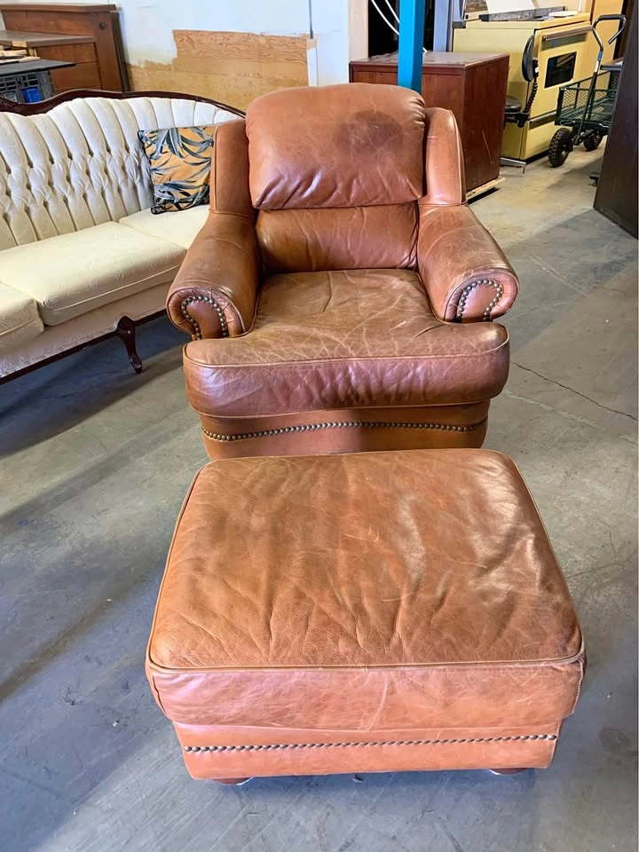 Brown Leather Armchair & Ottoman Set w/ Nailhead Trim