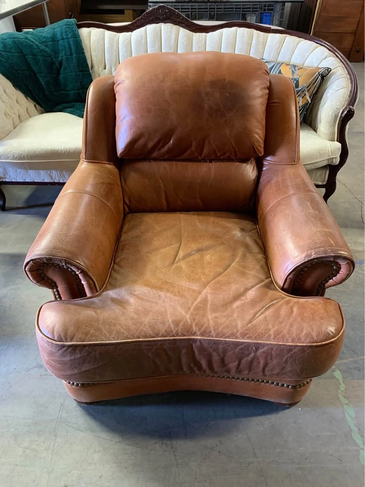 Brown Leather Armchair & Ottoman Set w/ Nailhead Trim - photo 2