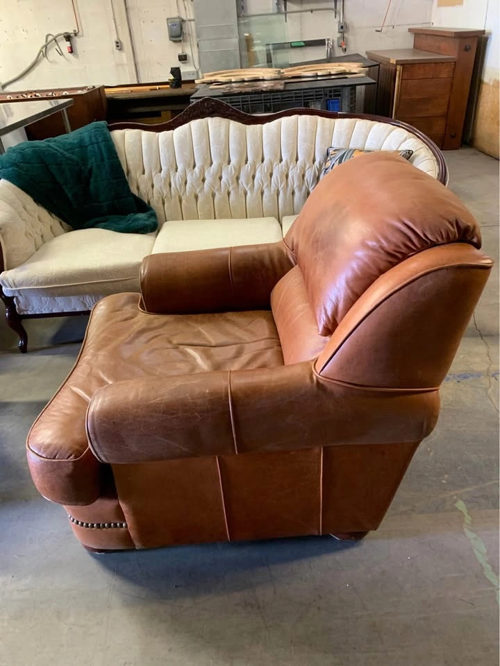 Brown Leather Armchair & Ottoman Set w/ Nailhead Trim - photo 3