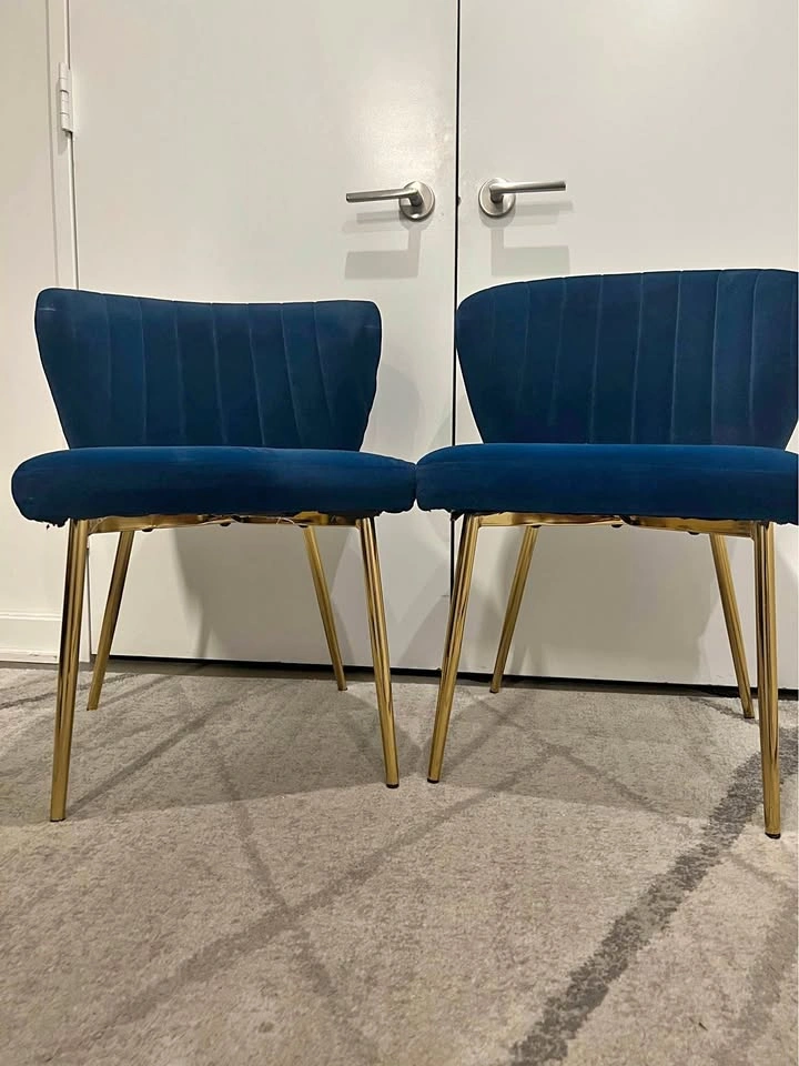 Set of 2 Navy Blue Velvet Chairs with Gold Legs