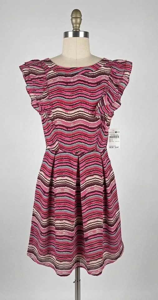 Pink & Brown Striped Flutter Sleeve Dress - Small