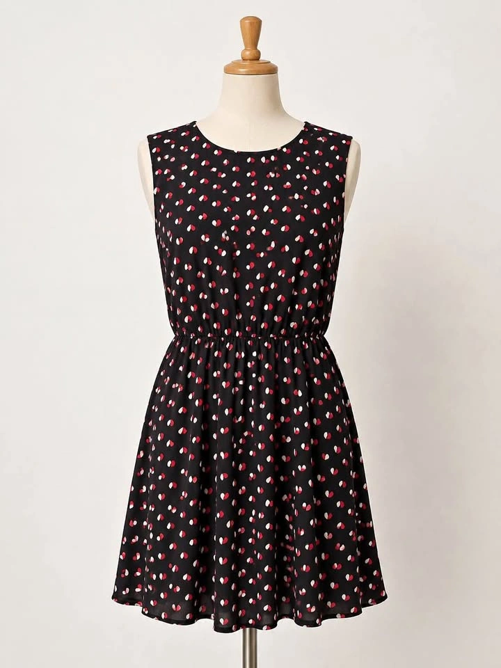 Black Sleeveless Dress with Red and White Polka Dots - XS