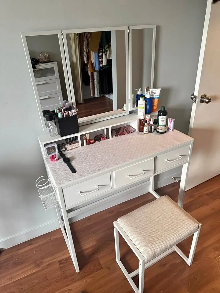 White Vanity Table Tri-Fold Mirror with Stool