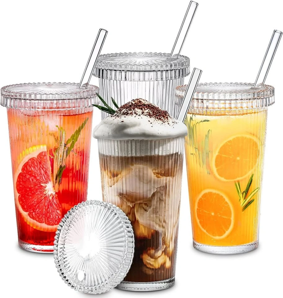 Set of 4 Ribbed Glass Cups with Lids & Straws