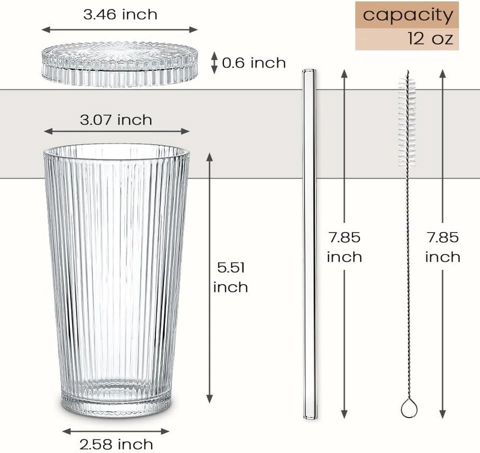 Set of 4 Ribbed Glass Cups with Lids & Straws - photo 3