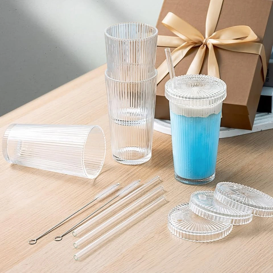 Set of 4 Ribbed Glass Cups with Lids & Straws - photo 4