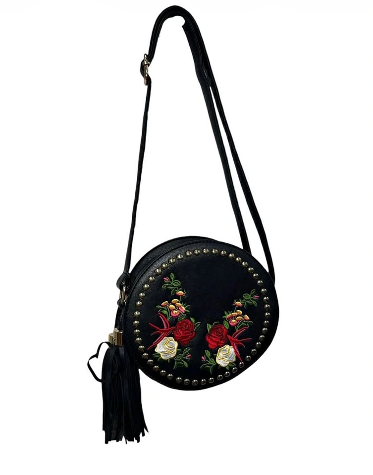 Black Floral Embroidered Round Crossbody Bag 🌹