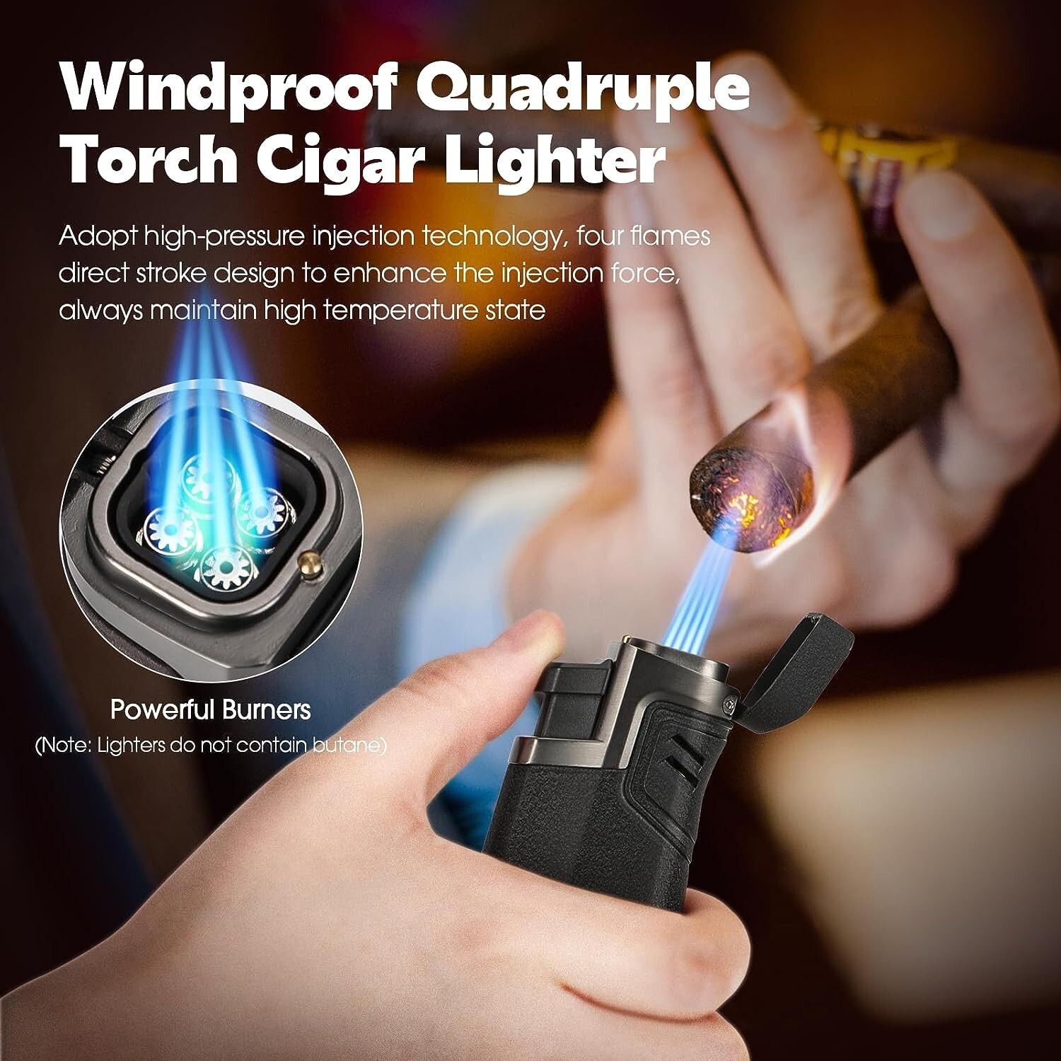 Cigar Lighter, 2 Pack, Quad Jet Flame Torch Lighter, Refillable - photo 2
