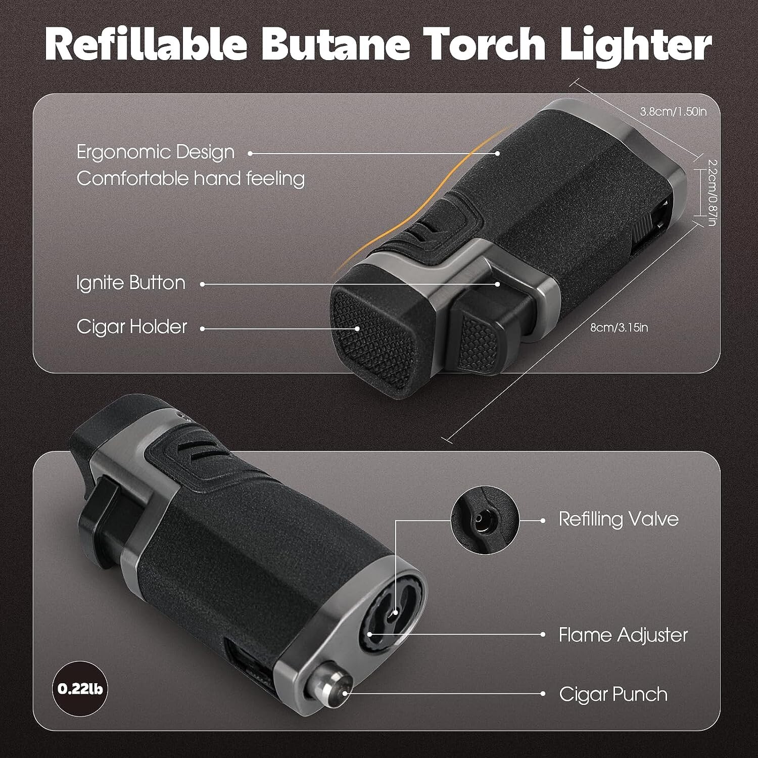 Cigar Lighter, 2 Pack, Quad Jet Flame Torch Lighter, Refillable - photo 4