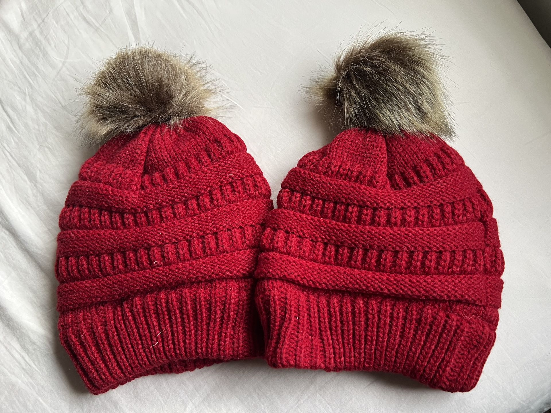 Set of 2 Red Pom-Pom Beanies | Cozy Fleece Lined Winter Hats