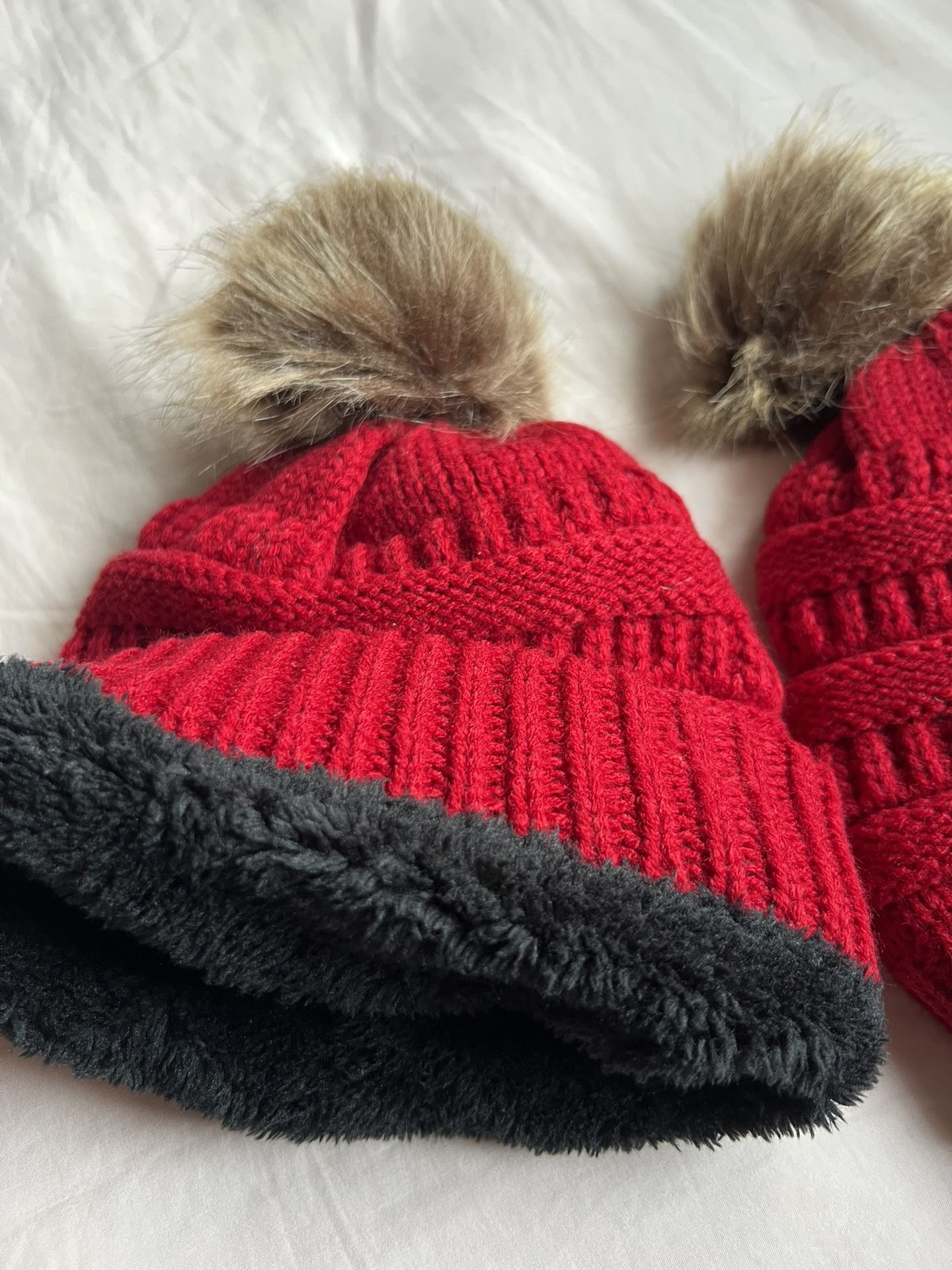 Set of 2 Red Pom-Pom Beanies | Cozy Fleece Lined Winter Hats - photo 2