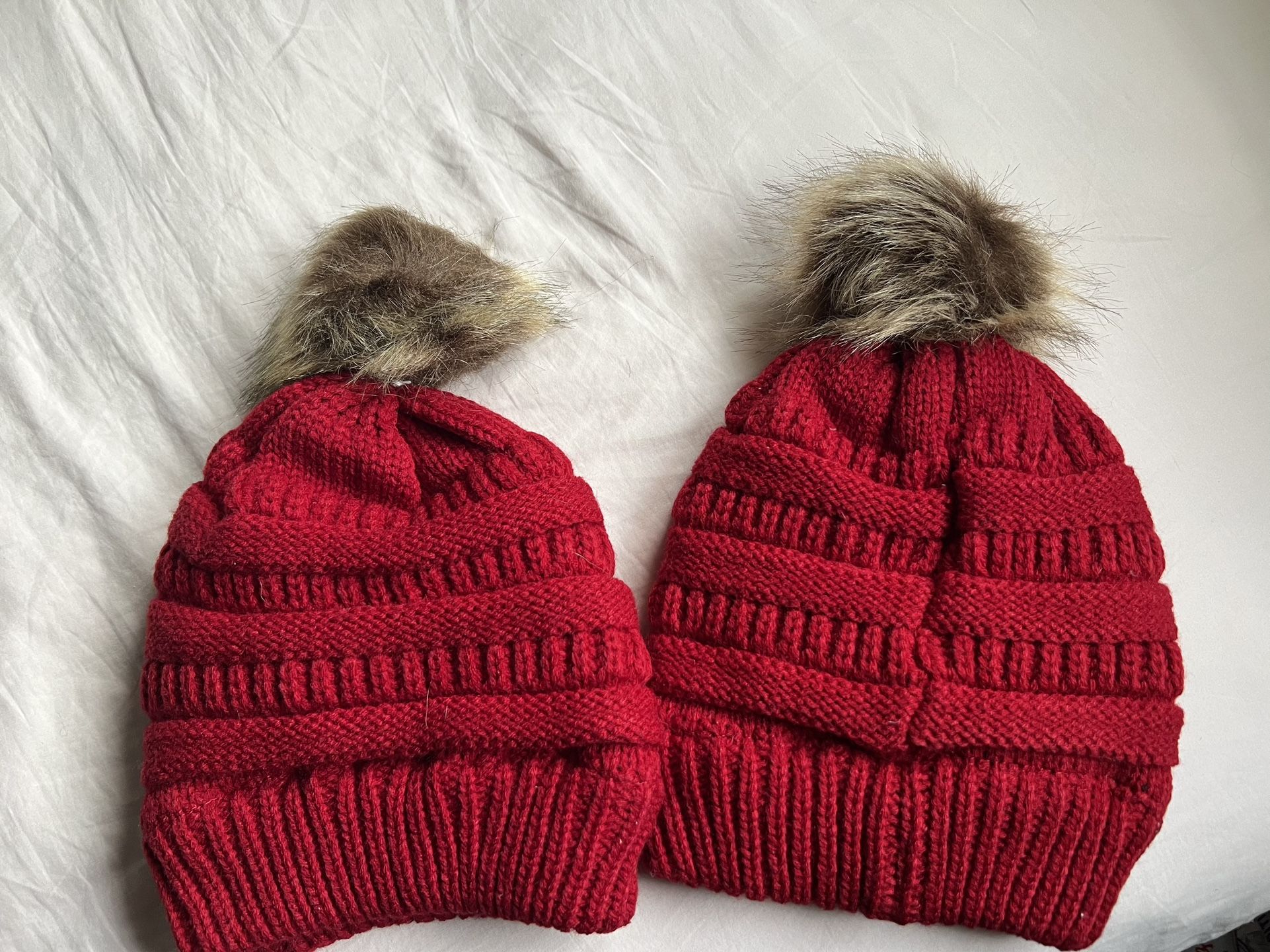 Set of 2 Red Pom-Pom Beanies | Cozy Fleece Lined Winter Hats - photo 3