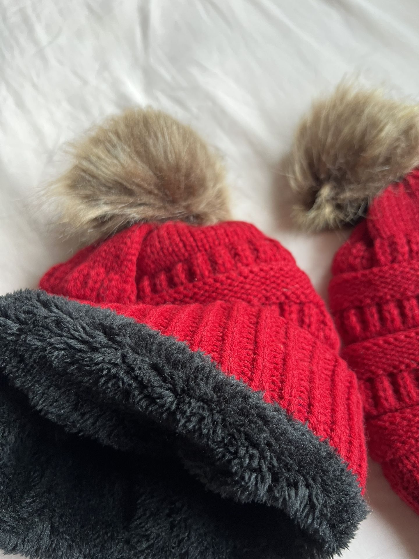 Set of 2 Red Pom-Pom Beanies | Cozy Fleece Lined Winter Hats - photo 4