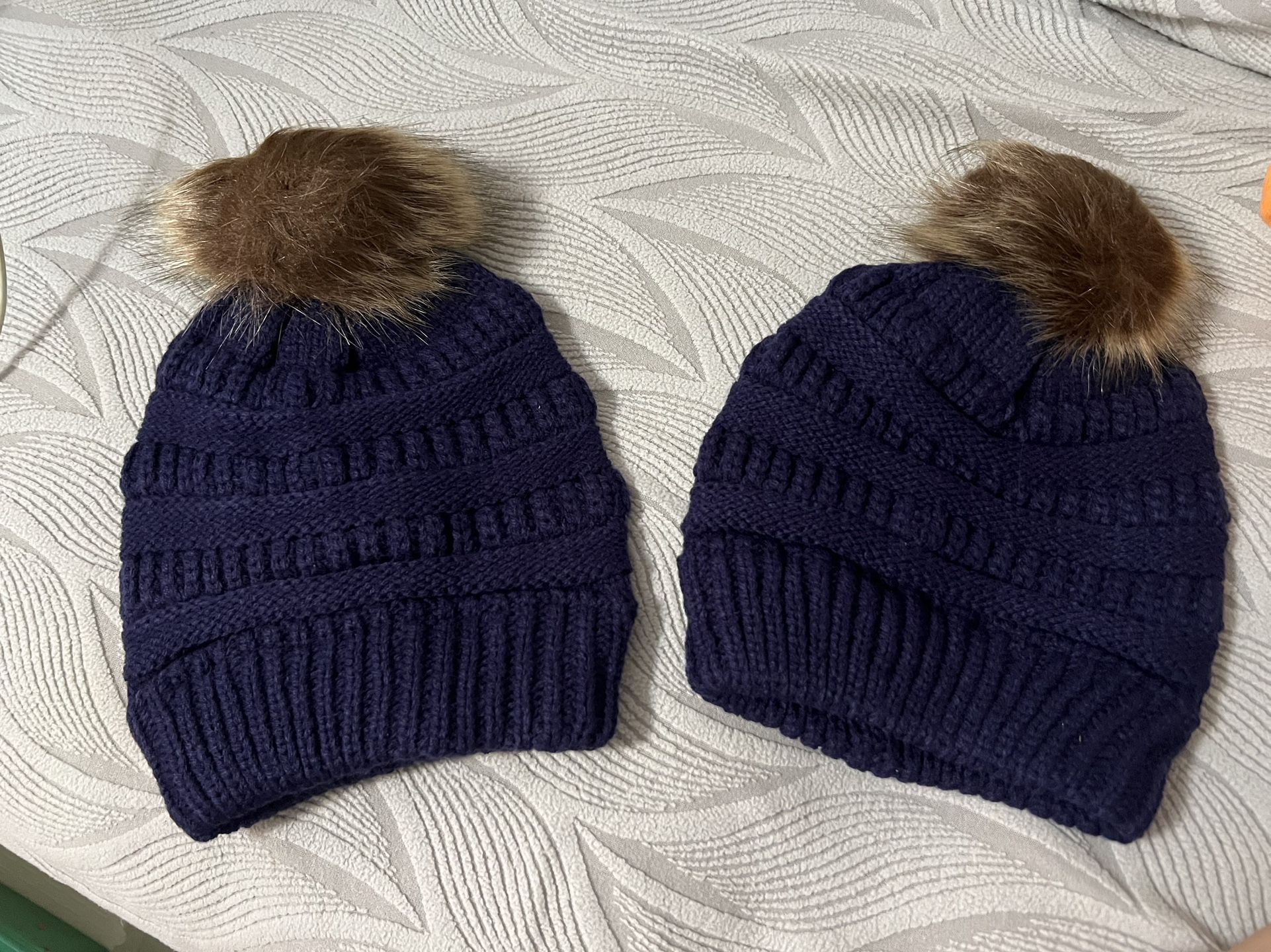 2-Pack Blue Pompom Beanie Hats, Soft & Warm Winter Knit - photo 2