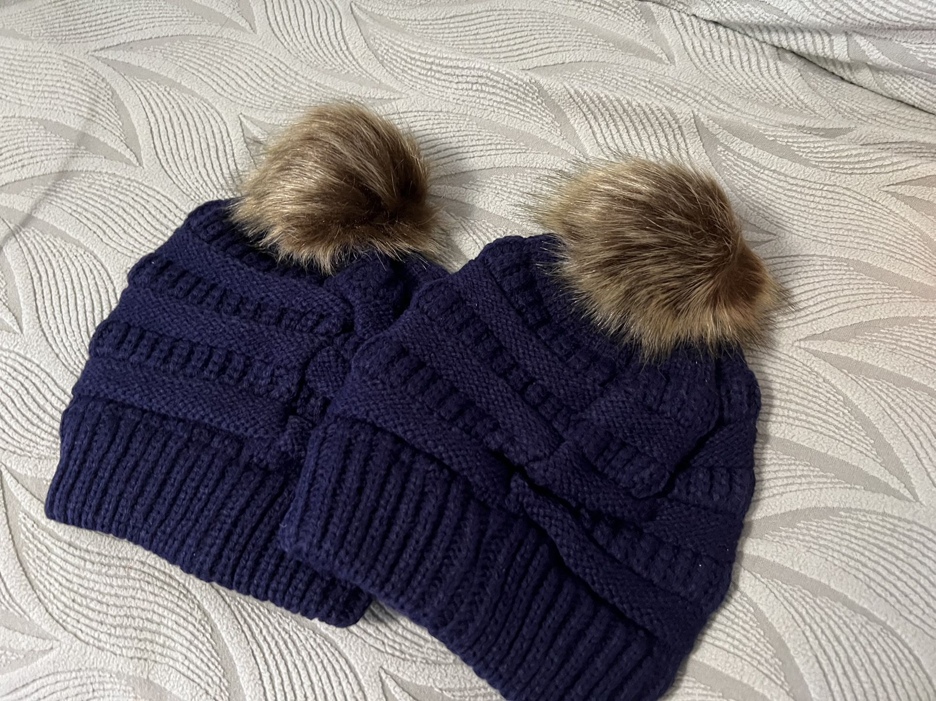 2-Pack Blue Pompom Beanie Hats, Soft & Warm Winter Knit - photo 3