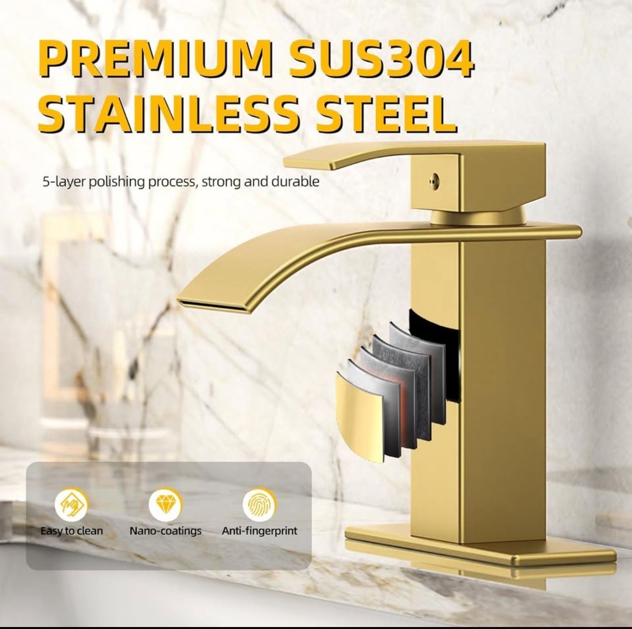 Brushed Gold Waterfall Bathroom Faucet - Single Handle - photo 3