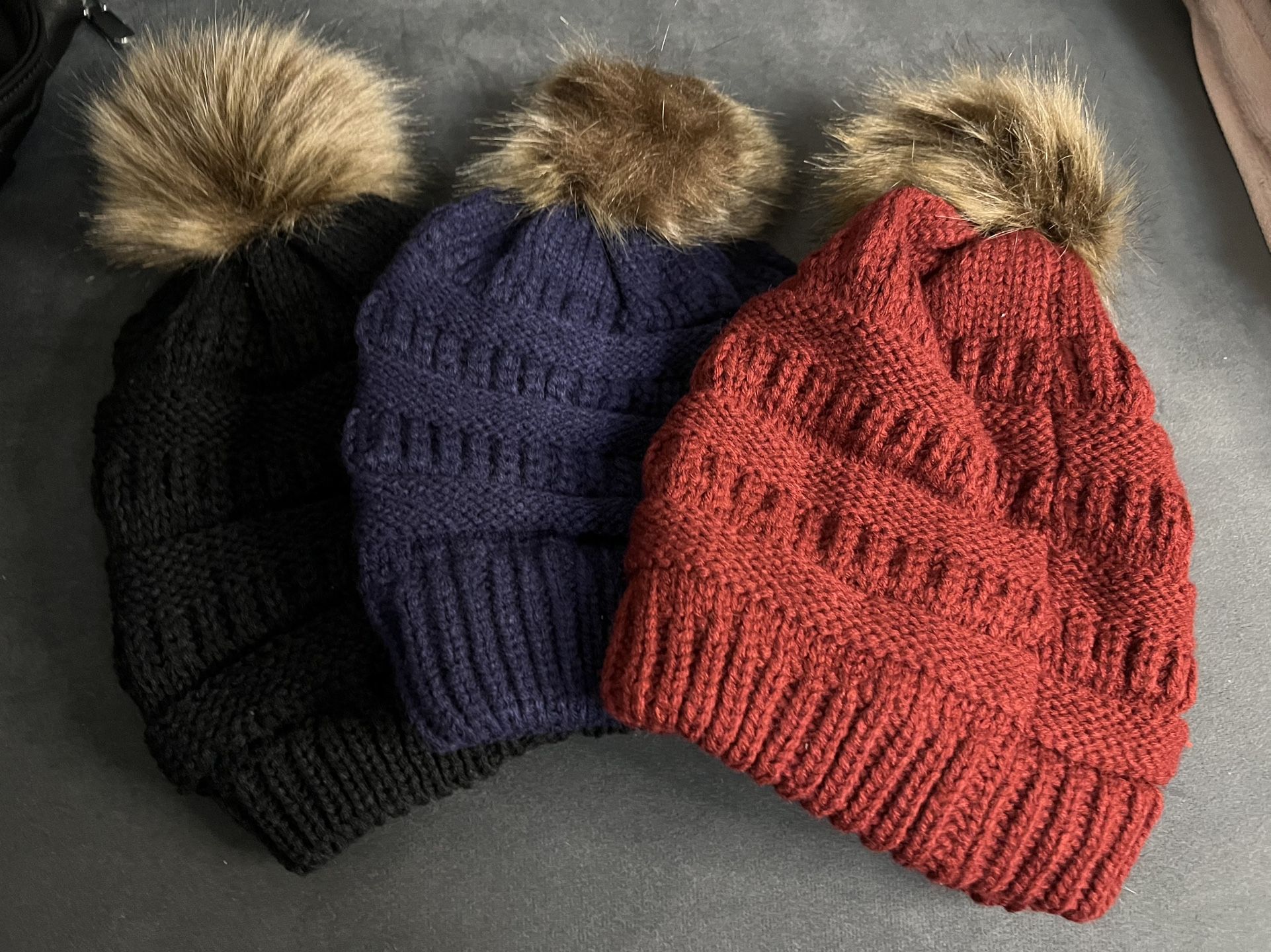 3 Pom Pom Winter Hats - Fleece & Non-Fleece