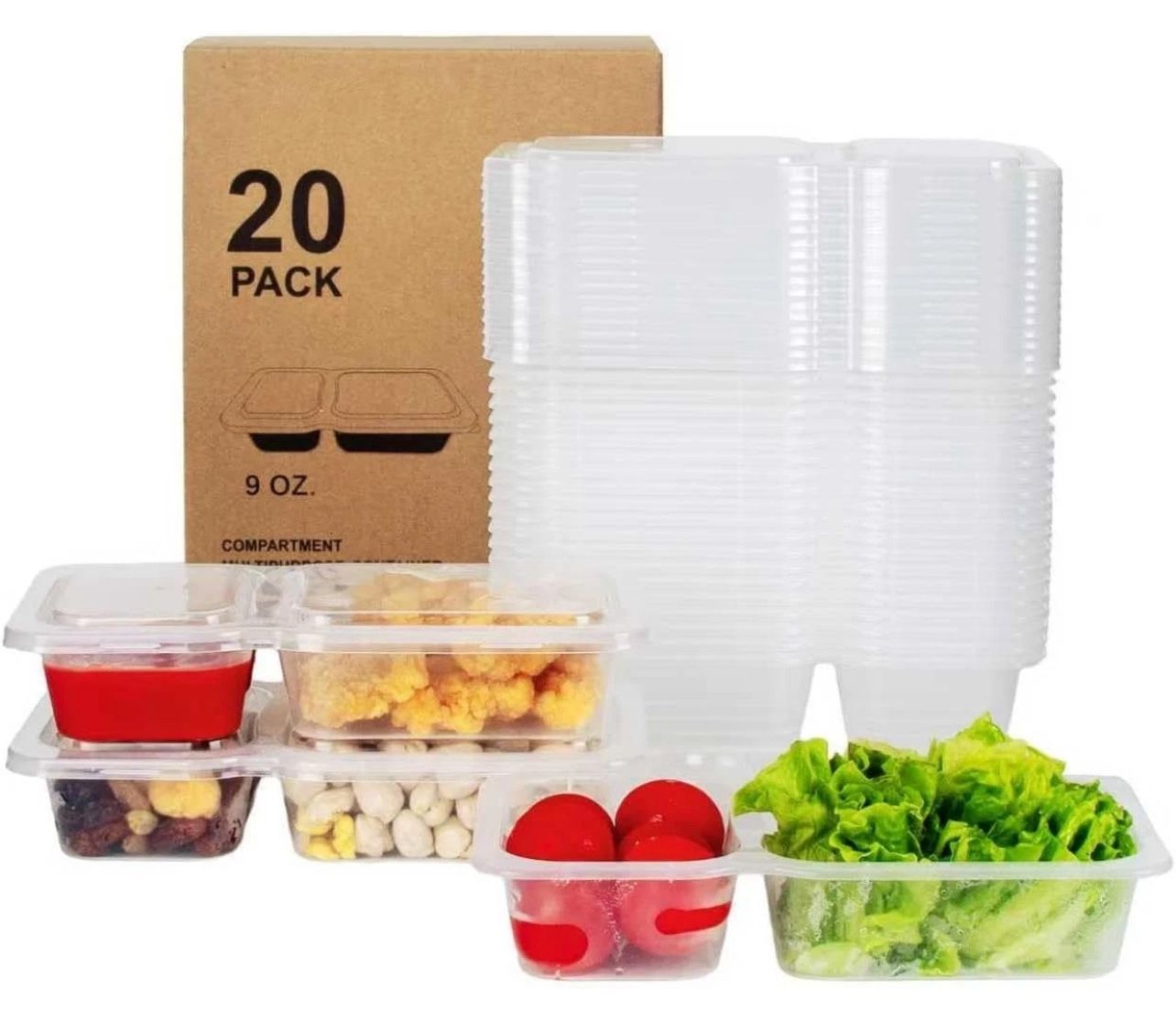 20Pcs Double Compartment Snack Containers, 9OZ Reusable