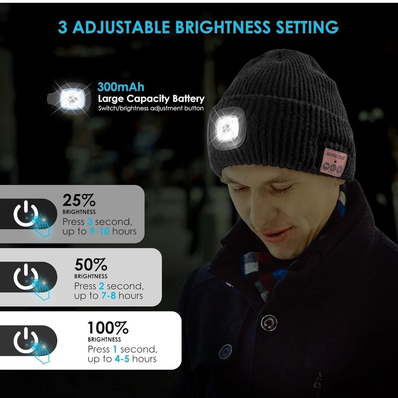 Bluetooth Beanie Hat with LED Light & Headphones - photo 2