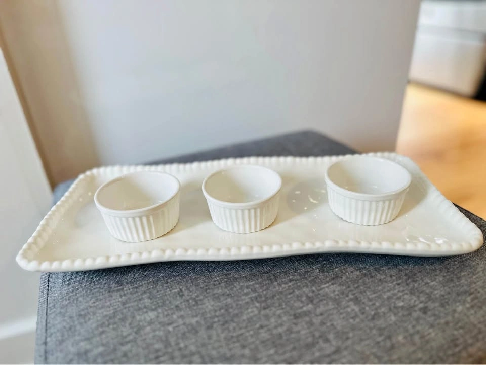 White serving tray with 3 ramekins
