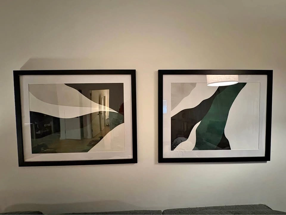 Abstract Framed Art Prints Black White Green Set of 2